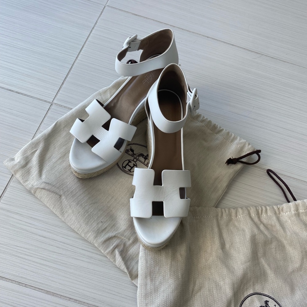 HERMES White Wedge Sandals
